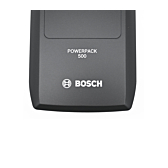 Primer plano de la Bosch PowerPack 500 Active 36V 13.4Ah batería de bicicleta vista desde arriba con el logotipo de Bosch en primer plano