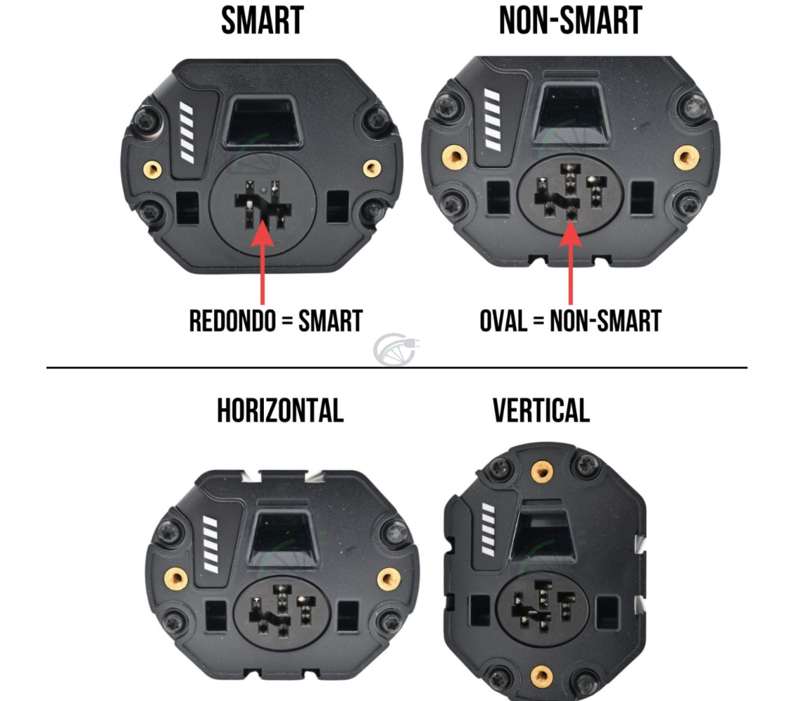 
En esta imagen, puede ver cómo reconocer la diferencia entre un PowerTube SMART Bosch y un Powertube no SMART Bosch y puede ver cómo reconocer la diferencia entre un PowerTube vertical Bosch y un Powertube horizontal Bosch. En una batería Bosch SMART la